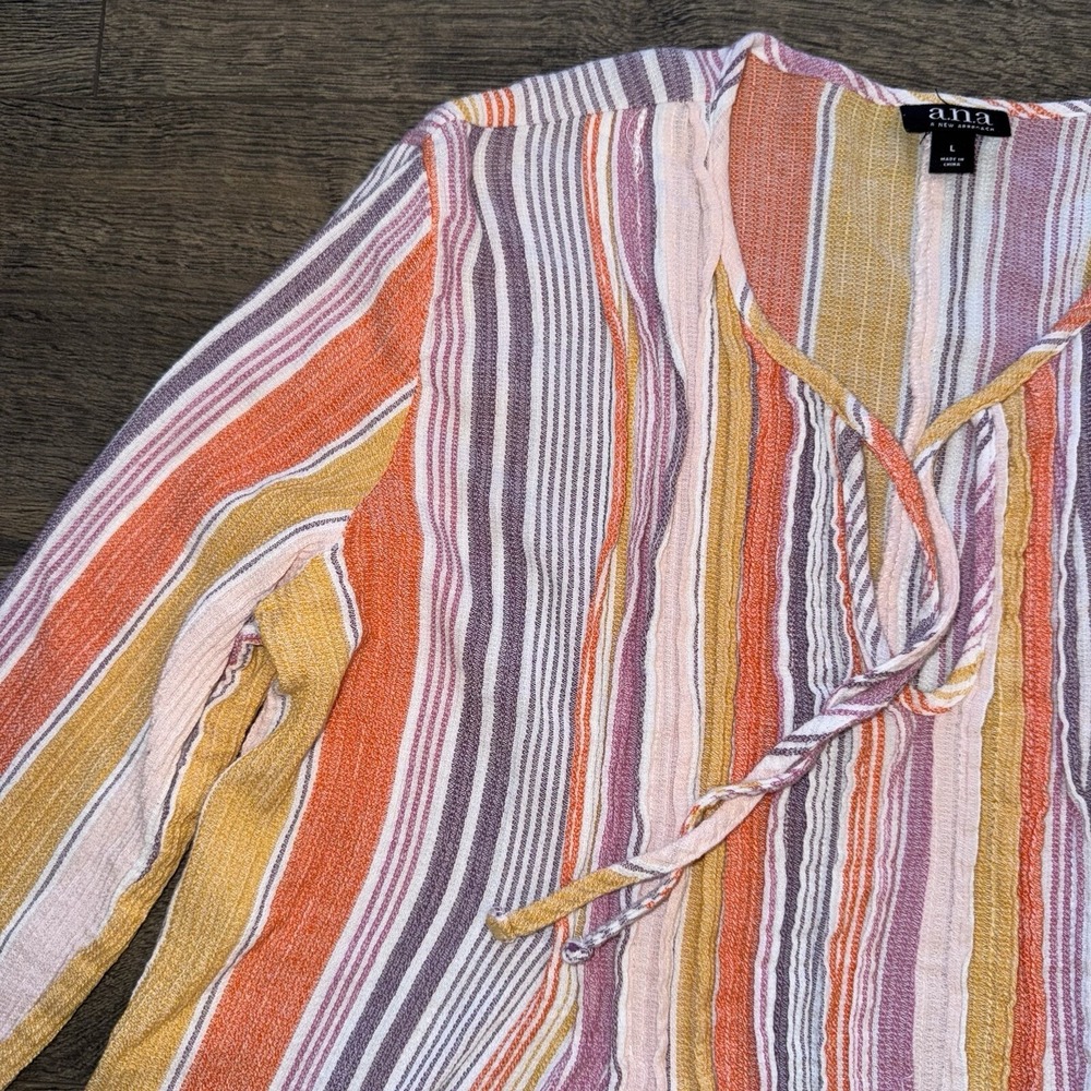 a.n.a Woman Large Shirt Rainbow Striped Tassels Pleated Long Sleeve Blouse Boho - Picture 4 of 14